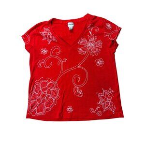 Chicos Red Floral Embroidered Short Sleeve V-Neck Top Size XL